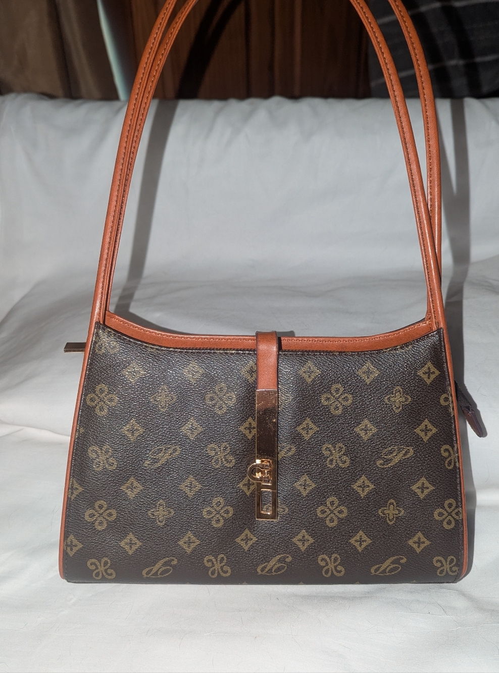 Vintage  Style Brown Monogram Shoulder Bag with Piston Lock Closure
